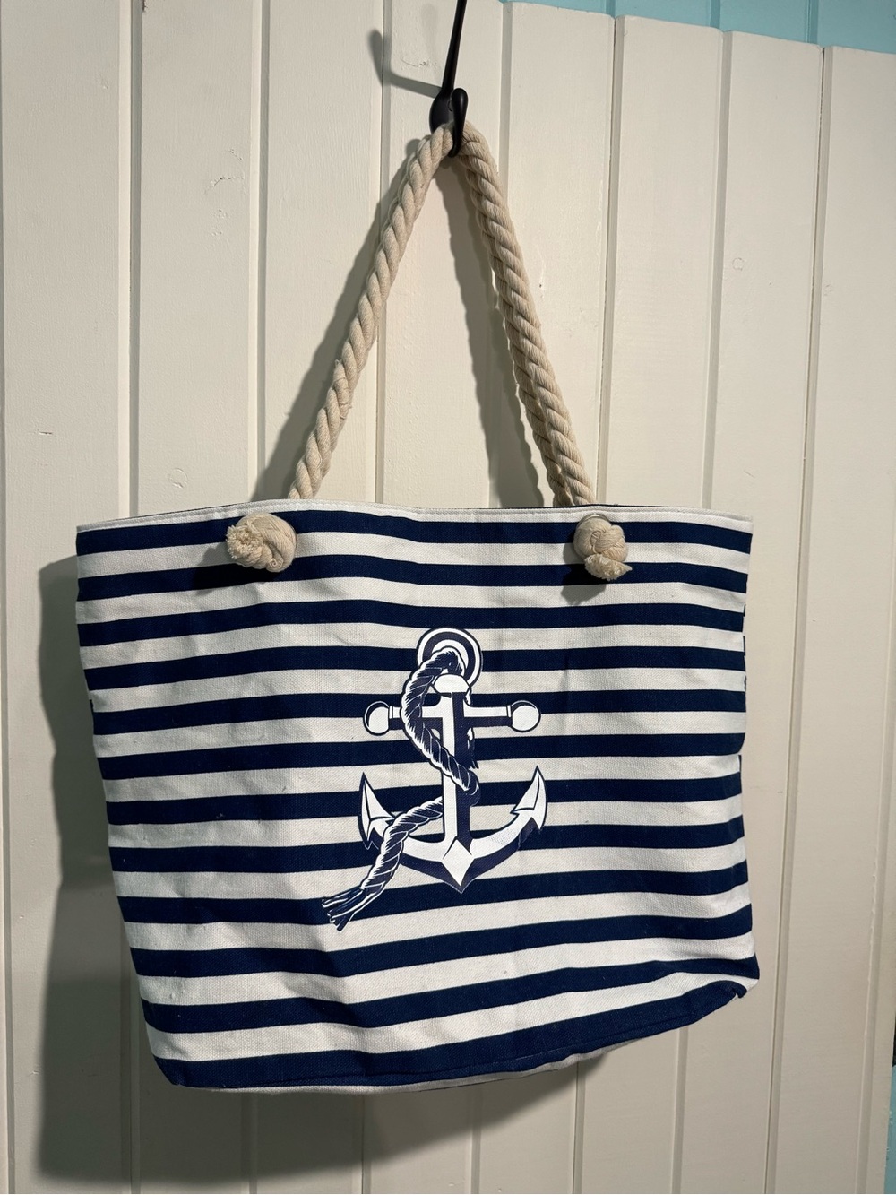 Source Unknown Navy and White Striped Anchor Tote